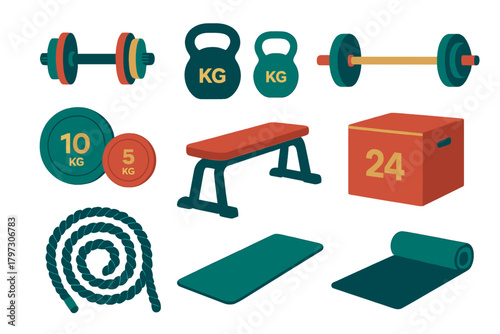 Set of gym and fitness equipment including weights, mats, bench, and training accessories