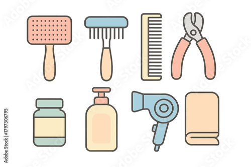 Collection of essential pet grooming tools and supplies including brushes, clippers, and shampoo
