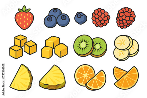 Assortment of fresh colorful berries and tropical fruits cut into slices and cubes