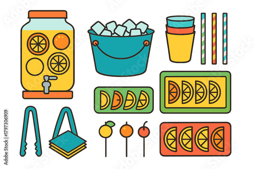 Colorful bar and beverage accessories set with drink dispenser, ice bucket, fruit slices, and straws