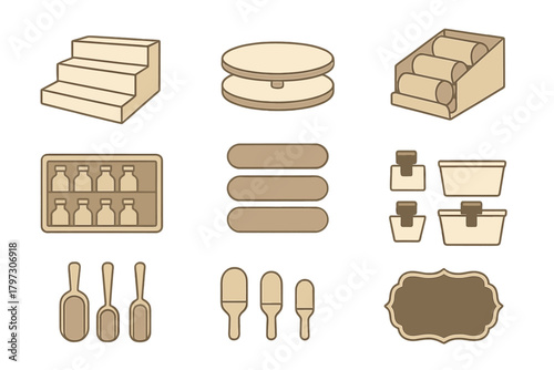 Natural product display stands, storage containers, scoops, and decorative labels in earthy tones