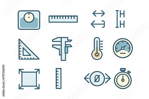 Essential measurement instruments and dimension icons including scale, ruler, caliper, and gauge