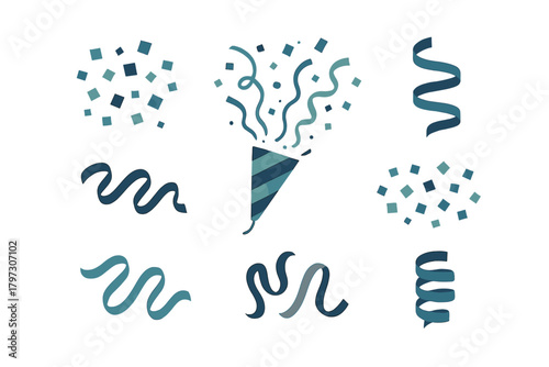 Festive collection of exploding party popper, scattered confetti, and curling streamers in blue tones