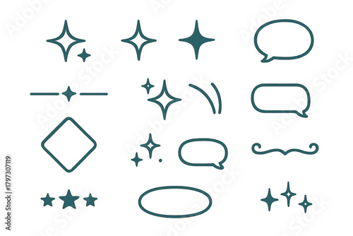 Minimalist graphic elements set with sparkles, speech bubbles, stars, and decorative dividers