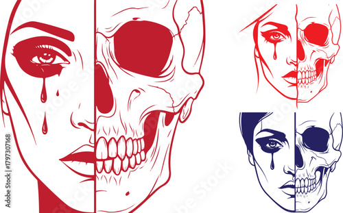 Graphic design of a woman's face merging with a skull in red and blue tones on transparent background