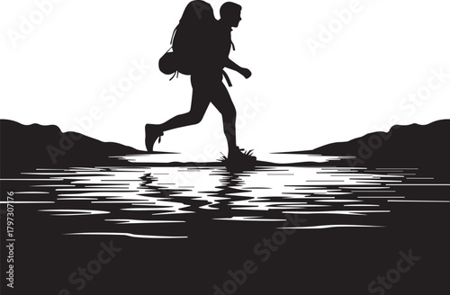 Silhouette of a hiker with a large backpack crossing a water body in a striking monochrome design.