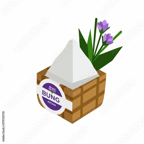 Isometric Minimalist Rice Bungkus in Woven Basket Traditional Culinary Food