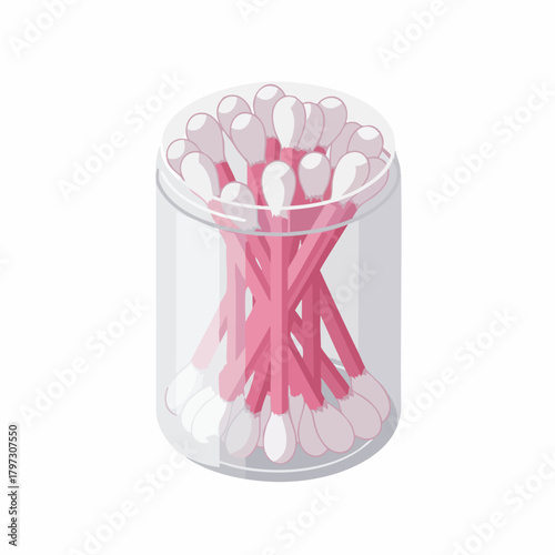 Flat Detailed Pink Cotton Swab in Plastic Container Illustration