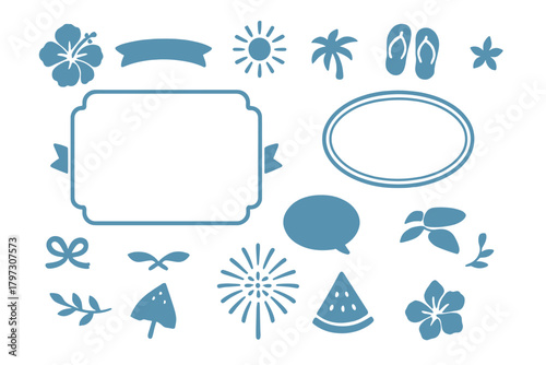 Summer holiday icons collection with decorative frames hibiscus flowers sun palm tree flip flops watermelon and fireworks