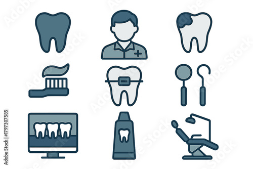Dental care and dentistry objects including tooth, toothbrush, dentist, braces, and equipment