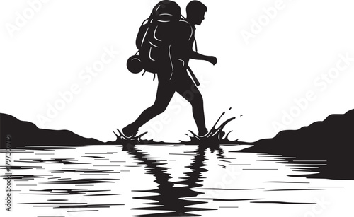 Silhouette of a hiker with a large backpack crossing water with reflection