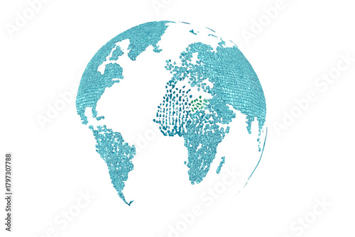 Stylized global map of continents with textured surface and highlighted area over Africa