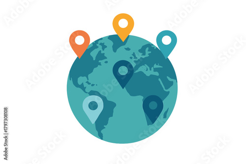 Set of colorful map pins marking various locations across the stylized world wide web