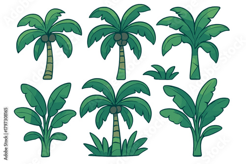 Cute cartoon tropical palm trees and banana plants set isolated on white background