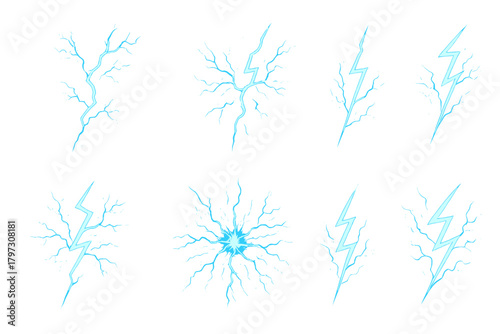 Dynamic collection of blue electric lightning bolts and thunder strike effects