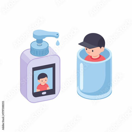 Isometric Hygiene Illustration Set Hand Sanitizer and Kid in Cup Object
