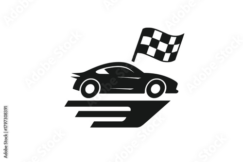 Dynamic sports car speeding past a checkered flag icon for racing competition