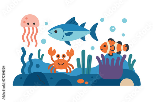 Colorful underwater scene with jellyfish, crab, blue fish, and clownfish swimming in the ocean