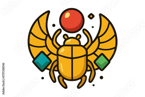 Ancient Egyptian golden winged scarab beetle icon with sun disk and colorful jewels