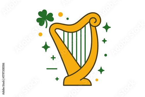 Golden Irish harp and lucky shamrock symbol with sparkling elements for Saint Patrick's Day