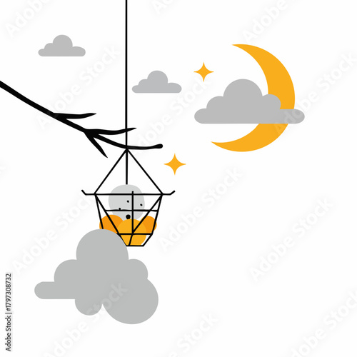 Flat Style Night Scene with Sleeping Sheep in a Hanging Cradle Illustration