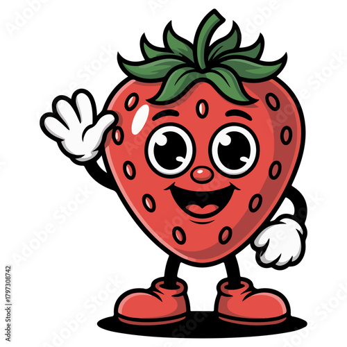 A cartoon strawberry character is waving and smiling happily. The red fruit has leaves and wears shoes and gloves, embodying a playful mood