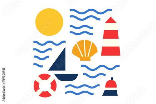 Seamless geometric design featuring marine symbols like lighthouse sailboat and seashell