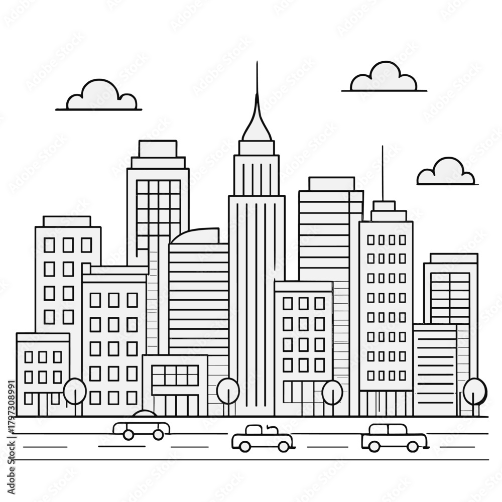 Obraz premium Minimalist monochrome modern city skyline with skyscrapers and street traffic