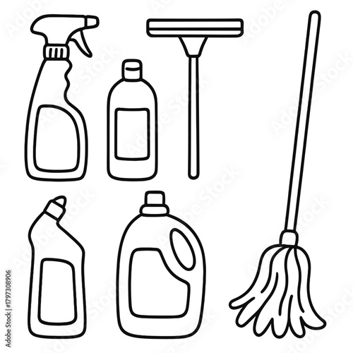 Household cleaning supplies set including spray bottle, detergent, squeegee, and mop outline