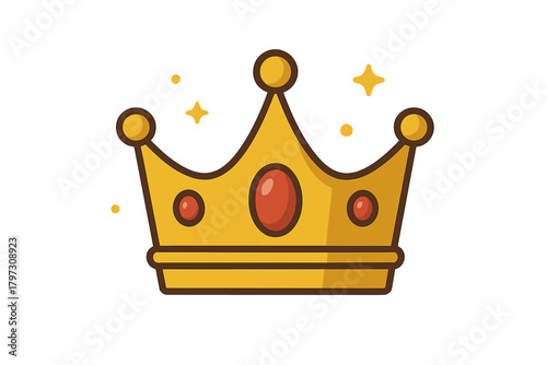 Stylized golden royal crown adorned with red jewels and sparkling elements isolated on white