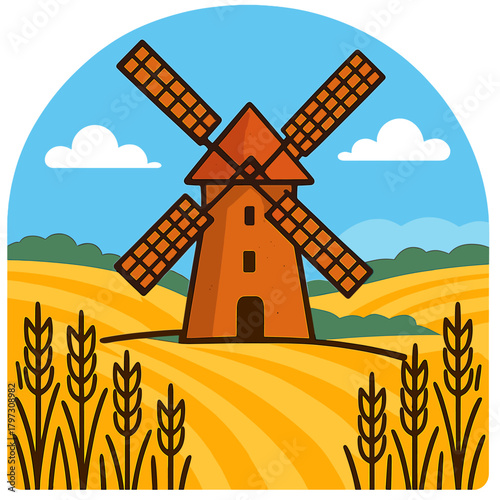 Traditional European windmill structure standing tall in a ripening golden grain field