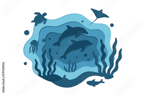 Deep ocean paper cut design with dolphins, sea turtle, jellyfish, and manta ray swimming among seaweed