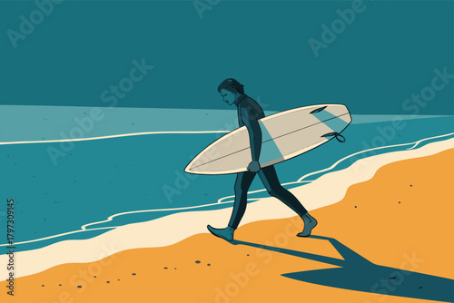 A lone surfer with a surfboard walks down a sandy shoreline at sunset, golden hour, ocean waves, sea spray, coastal path, clear sky, breathtaking view.