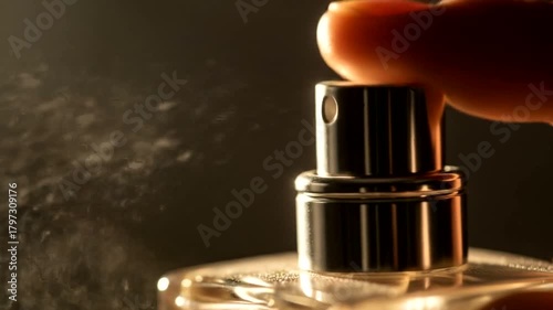 Close-up of a hand pressing a perfume bottle, releasing a fine mist of fragrance into the air.