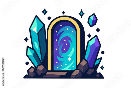 Mystical arched portal surrounded by glowing crystals opening into a swirling space galaxy