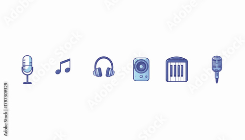 Collection of music-related icons, including microphone, musical note, headphones, speaker, keyboard, and another microphone.