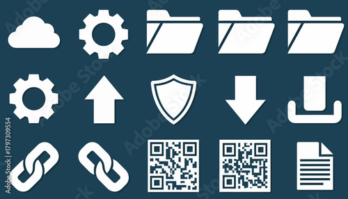 Collection of white icons representing cloud storage, settings, folders, upload, download, and more on a blue background.