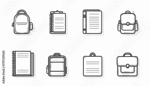 School supplies icons: backpacks, notebooks, and briefcases in outline style.