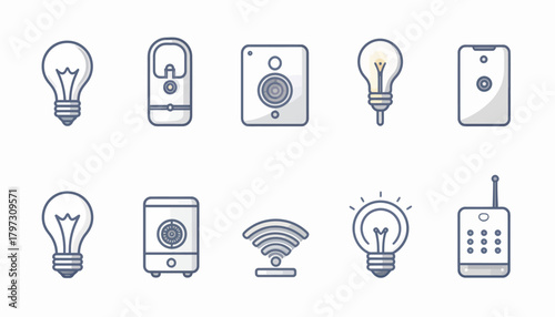 A collection of line art icons representing smart home technology and IoT devices.