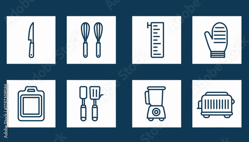 A collection of kitchen utensils and appliances arranged in a grid on a dark blue background.