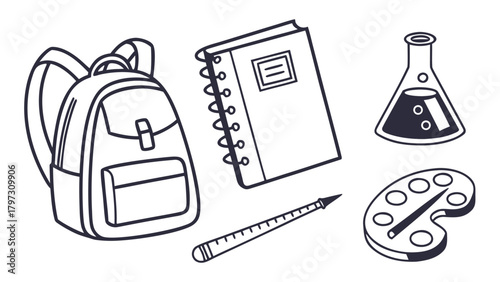 Hand-drawn school supplies icons set. Black and white line art of a backpack, notebook, flask, ruler, and paint palette.