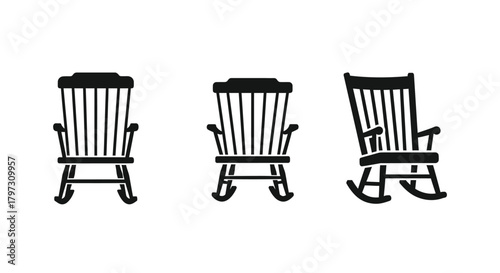 Three black and white silhouettes of classic wooden rocking chairs