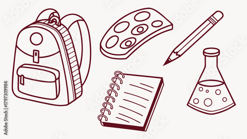 Collection of School Supplies and Art Materials in Outline