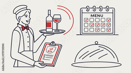 Smiling Waiter Holding Tray, Menu, and Clipboard, Vector Illustration