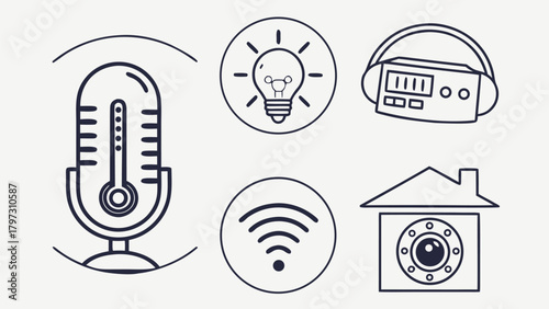 Hand-drawn style technology icon set with a microphone, idea lightbulb, audio player, Wi-Fi, and home security camera.