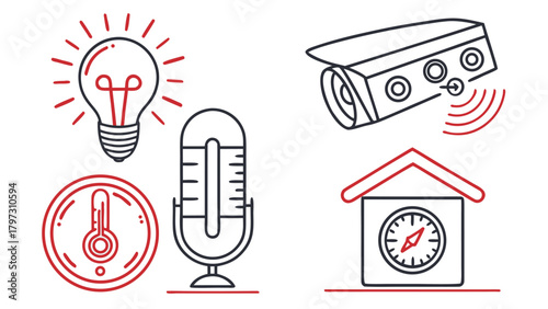 Smart Home Automation Icons: Lightbulb, Security Camera, Thermometer, Microphone, Clock
