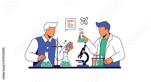 Two scientists conducting experiments with beakers and lab equipment