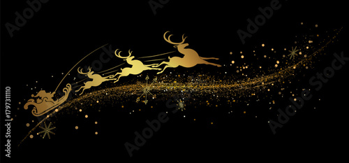 Merry Christmas. An exquisite golden isolated drawing of Santa Claus racing in a sleigh with reindeer.