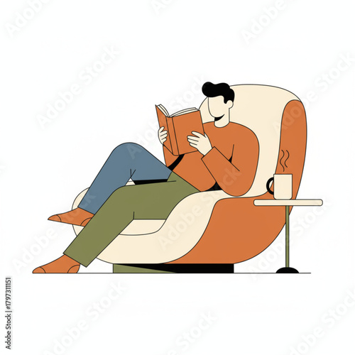 Man Reading Book and Relaxing in Comfortable Armchair at Home