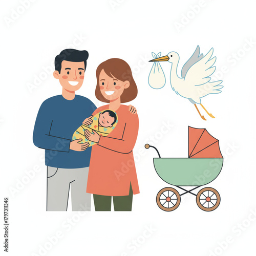 New Parents Holding Newborn Baby with Stroller, Family Planning Concept